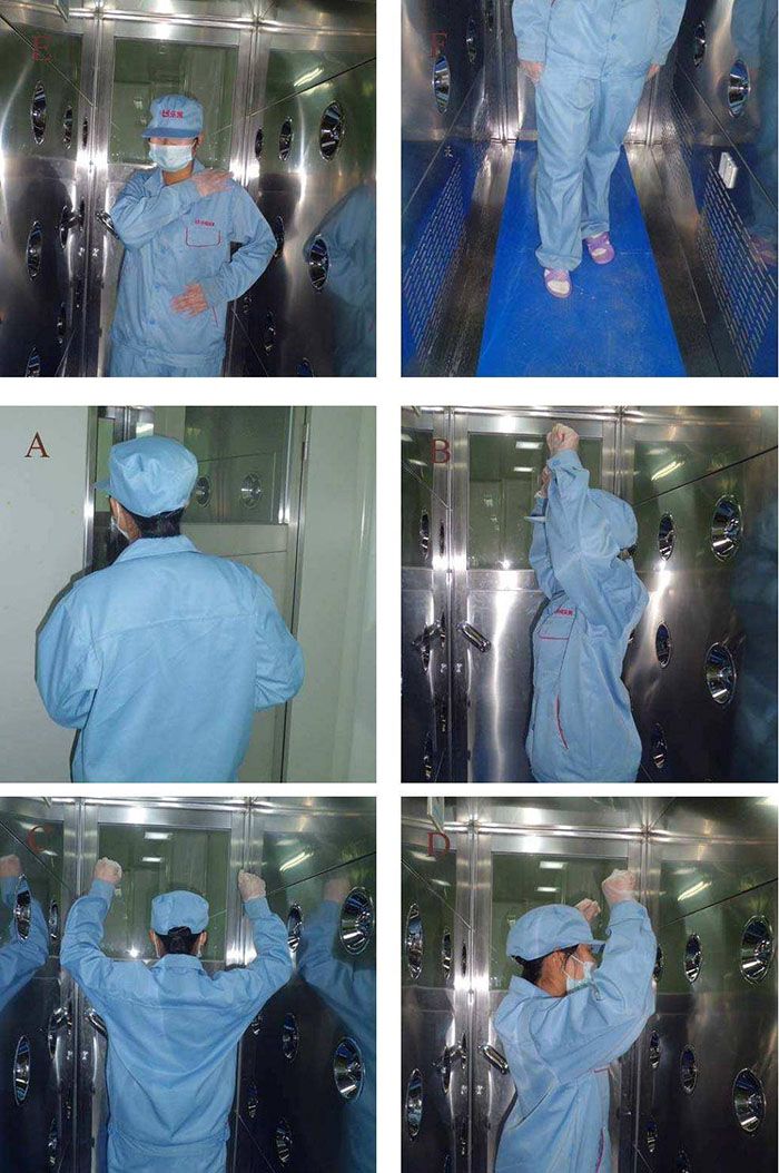 進入風淋室前無塵服應穿著得當,袖口和領口需拉緊,避免衣物內(nèi)外的塵埃進入。 進入風淋室前無塵服應穿著得當,袖口和領口需拉緊,避免衣物內(nèi)外的塵埃進入。